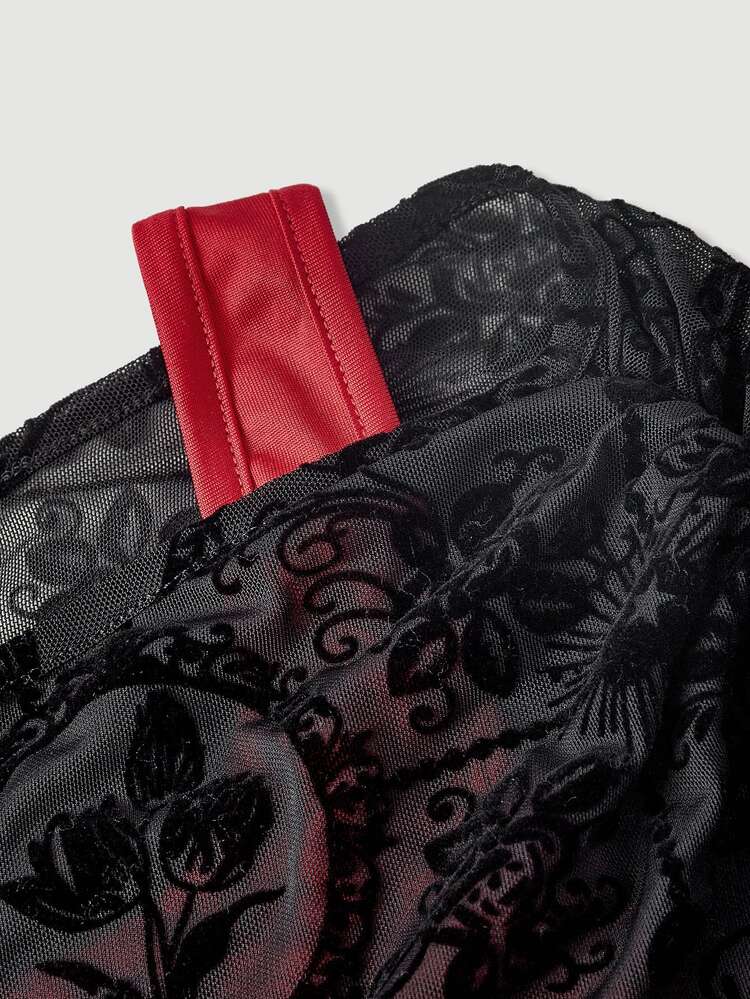 SHEIN MOD Elegant Black Floral Lace One Shoulder Long Sleeve Top With Red Straps Unique Party Blouse For Women,Halloween Lace Off-Shoulder Top - Red and Black - View 6