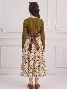 SHEIN 青少年女孩休閒針織童裝 素色拼接花卉豹紋圓領長袖洋裝 秋冬穿搭 - 棕色 - 查看 4