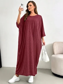 SHEIN Essnce 大尺碼夏季休閒蝙蝠袖洋裝 - 紅色 - 查看 5