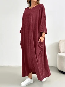 SHEIN Essnce 大尺碼夏季休閒蝙蝠袖洋裝 - 紅色 - 查看 4