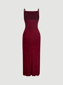 SHEIN MOD 女款素色修身優雅細肩帶洋裝 - 酒紅色 - 查看 4