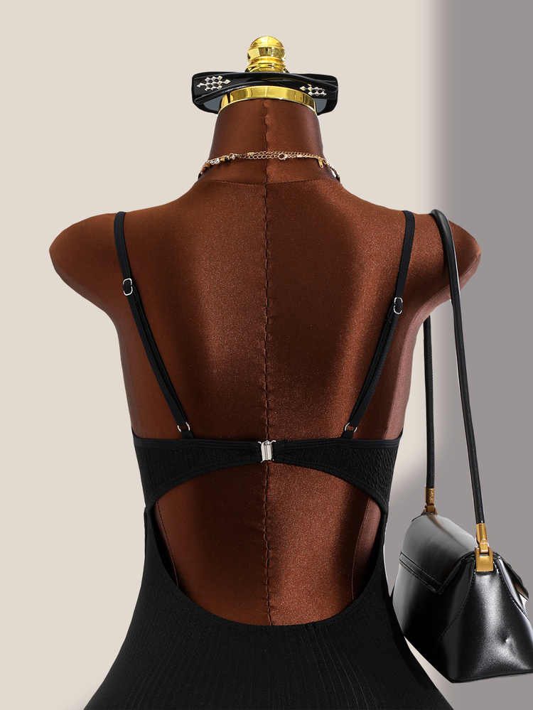 SHEIN Swim Summer Beach Solid Criss Cross Push Up One Piece Swimsuit - Black - View 8