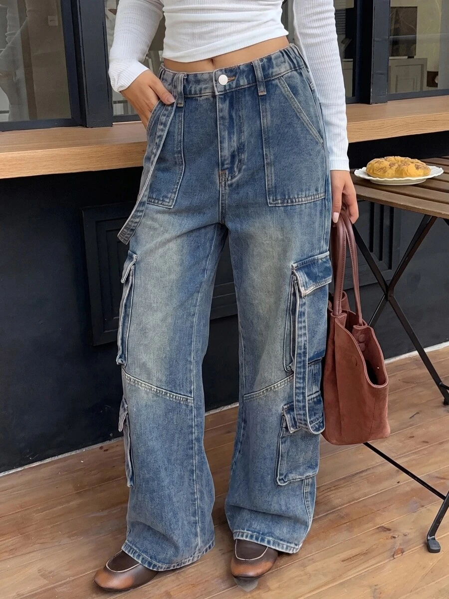 SHEIN 女童藍色牛仔寬鬆工裝褲 - 中等水洗藍 - 查看 1