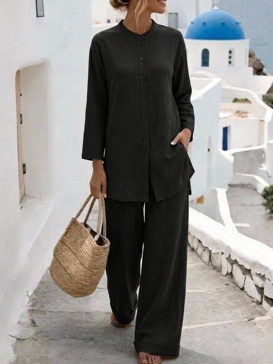 Faunlyn Women's Solid Color Single-Breasted Long Sleeve Top And Pants Casual Daily Set Vacation Black Autumn - Coffee Brown - View 1