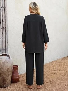 Faunlyn Women's Solid Color Single-Breasted Long Sleeve Top And Pants Casual Daily Set Vacation Black Autumn - Coffee Brown - View 2
