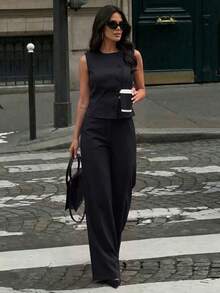 Firerie Women's Solid Color Round Neck Top And Pants Casual Commute Suit Set - Black - View 4