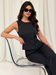 Firerie Women's Solid Color Round Neck Top And Pants Casual Commute Suit Set - Black - View 9