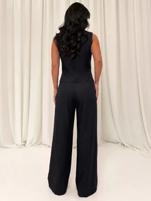 Firerie Women's Solid Color Round Neck Top And Pants Casual Commute Suit Set - Black - View 3