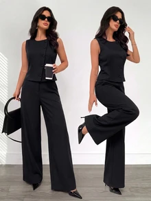 Firerie Women's Solid Color Round Neck Top And Pants Casual Commute Suit Set - Black - View 2