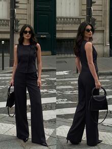 Firerie Women's Solid Color Round Neck Top And Pants Casual Commute Suit Set - Black - View 5