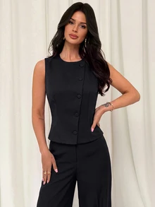 Firerie Women's Solid Color Round Neck Top And Pants Casual Commute Suit Set - Black - View 7