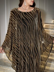 Reflora Plus Size Fashion Party Glitter Batwing Sleeve Dress - Gold - View 6