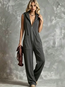 Glimmora Women's Casual Pocket Hooded Jumpsuit - Dark Grey - View 3