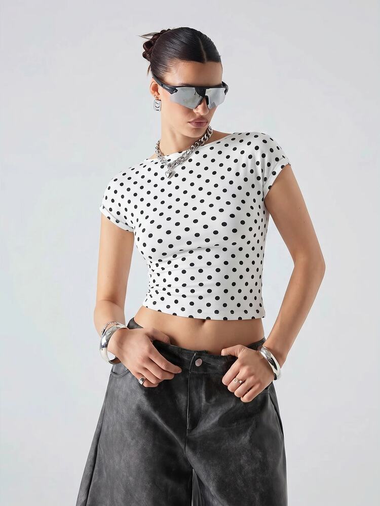 Comfortcana Minimalist Casual Cropped U-Neck Backless Comfortable T-Shirt Basic 2 Pieces Set Going Out Everyday House Home Black White Polka Dot Polka Dot Summer - Multicolor - View 8