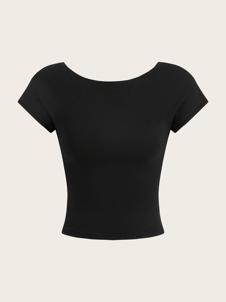 Comfortcana Minimalist Casual Cropped U-Neck Backless Comfortable T-Shirt Basic 2 Pieces Set Going Out Everyday House Home Black White Polka Dot Polka Dot Summer - Multicolor - View 10