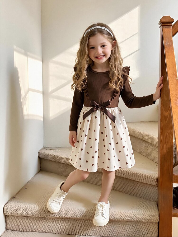 Elladie kids Young Girls Ribbed Knit Ruffle Long Sleeve Dress Cute Heart Print Patchwork A-Line Bowknot Dresses - Brown - View 1