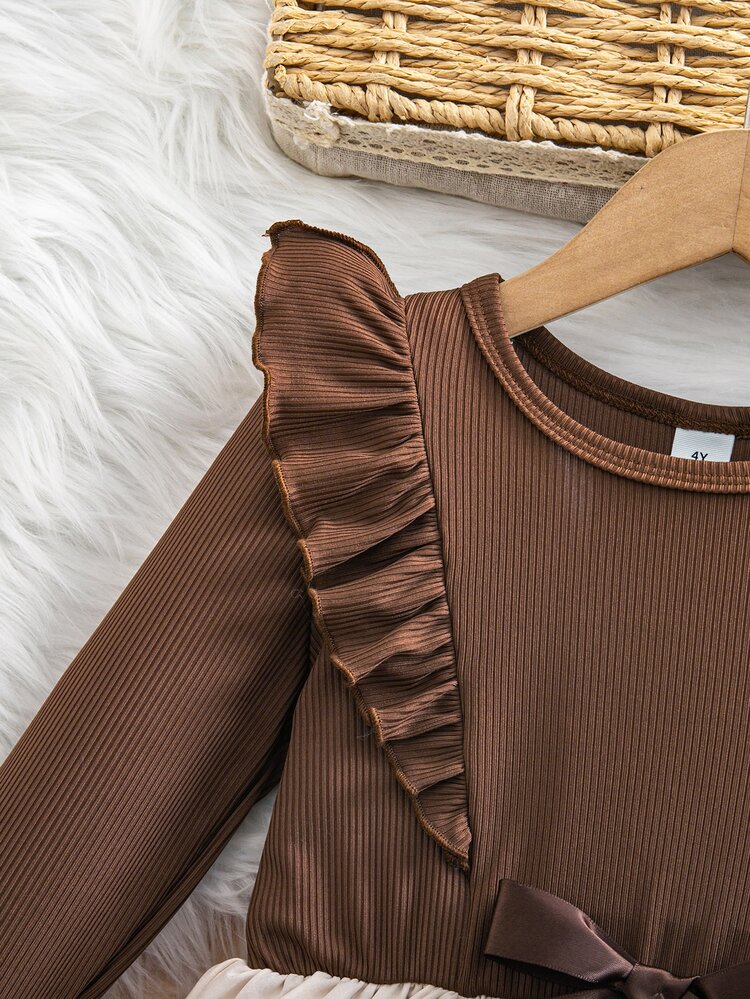 Elladie kids Young Girls Ribbed Knit Ruffle Long Sleeve Dress Cute Heart Print Patchwork A-Line Bowknot Dresses - Brown - View 4