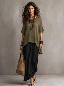 Glimmora Women's Solid Color Round Neck Short Sleeve High-Low Hem Loose Knit Top - Green - View 6