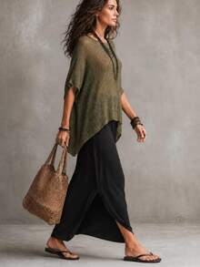 Glimmora Women's Solid Color Round Neck Short Sleeve High-Low Hem Loose Knit Top - Green - View 7