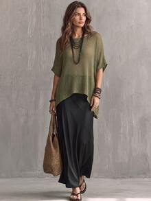 Glimmora Women's Solid Color Round Neck Short Sleeve High-Low Hem Loose Knit Top - Green - View 1