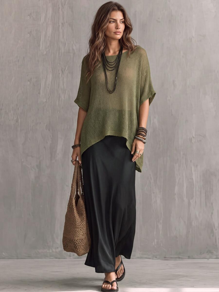 Glimmora Women's Solid Color Round Neck Short Sleeve High-Low Hem Loose Knit Top - Green - View 1