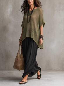 Glimmora Women's Solid Color Round Neck Short Sleeve High-Low Hem Loose Knit Top - Green - View 8