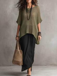 Glimmora Women's Solid Color Round Neck Short Sleeve High-Low Hem Loose Knit Top - Green - View 4