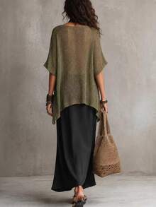 Glimmora Women's Solid Color Round Neck Short Sleeve High-Low Hem Loose Knit Top - Green - View 5