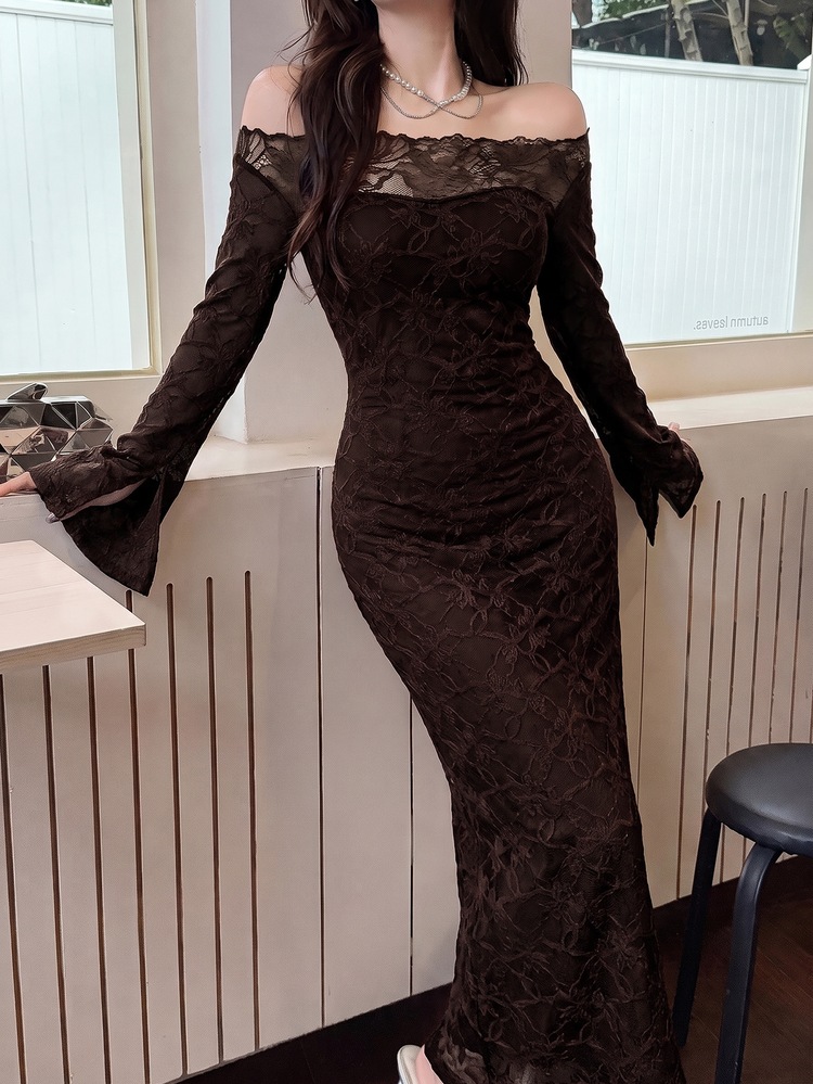 Feyla Women's Elegant Solid Color Lace Off-Shoulder Dress - Coffee Brown - View 1