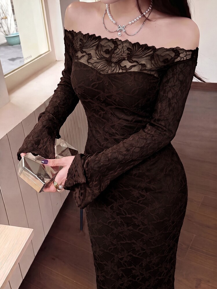 Feyla Women's Elegant Solid Color Lace Off-Shoulder Dress - Coffee Brown - View 4