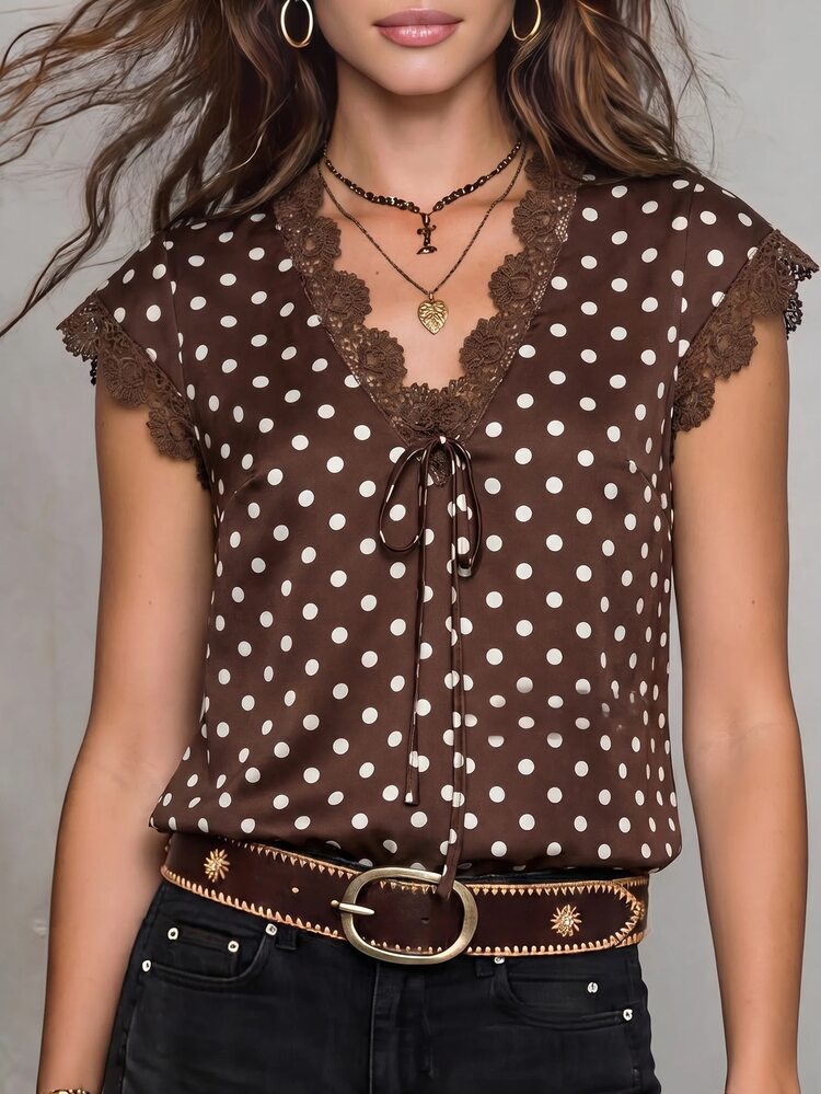 Solivie Women's Lace Patchwork V-Neck Polka Dot Casual Versatile Daily Wear Blouse  Polka Dot Top  Work Outfits For Women - Brown - View 7