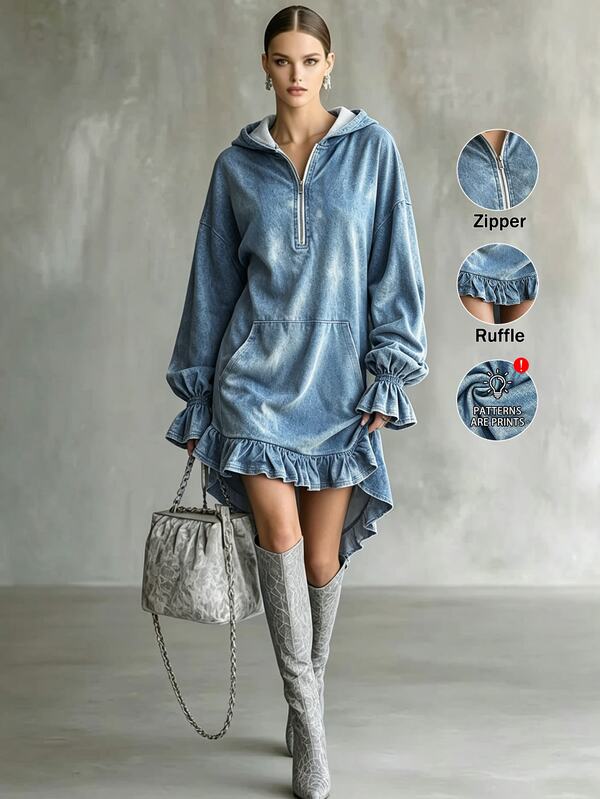 LUMIGAL Blue Striped Ruffle Sleeve Front Short Back Long Pocket Zip-Up Sweatshirt Ruffle Hem Autumn/Winter Party Travel Retro Vintage 70s Young People