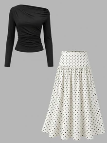 GlowEve Black Asymmetric Open Shoulder Ruched Long Sleeve Fitted Top And White Polka Dot High Waist Ruffle Midi Skirt 2 Pieces Set Elegant Brunch Office - Multicolor - View 7