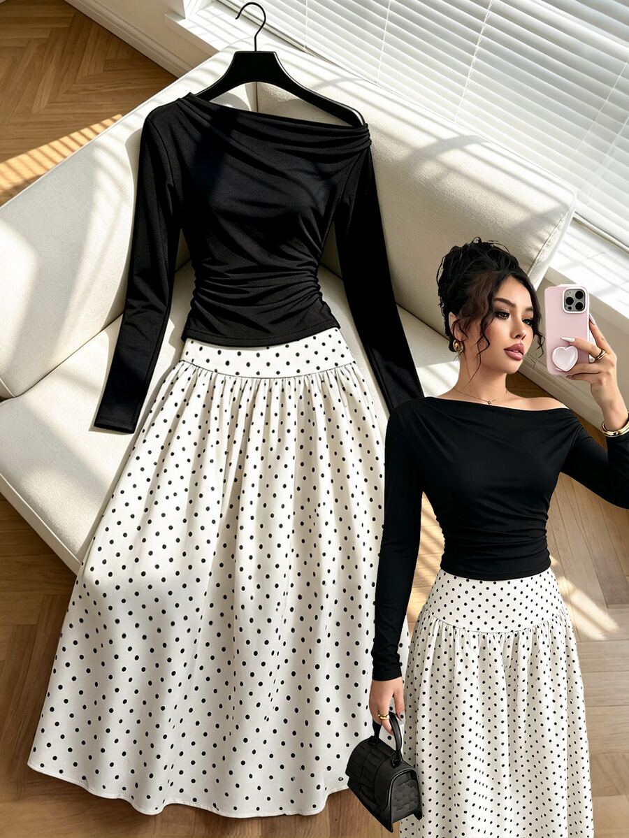 GlowEve Black Asymmetric Open Shoulder Ruched Long Sleeve Fitted Top And White Polka Dot High Waist Ruffle Midi Skirt 2 Pieces Set Elegant Brunch Office - Multicolor - View 1