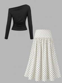 GlowEve Black Asymmetric Open Shoulder Ruched Long Sleeve Fitted Top And White Polka Dot High Waist Ruffle Midi Skirt 2 Pieces Set Elegant Brunch Office - Multicolor - View 2