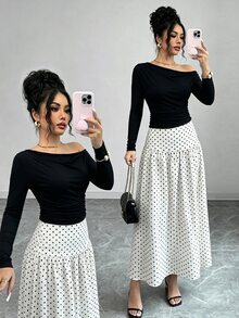 GlowEve Black Asymmetric Open Shoulder Ruched Long Sleeve Fitted Top And White Polka Dot High Waist Ruffle Midi Skirt 2 Pieces Set Elegant Brunch Office - Multicolor - View 8