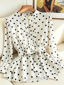 SHEIN LUNE Women's White And Black Polka Dot Long Sleeve Stand Collar Tie Waist Slim Fit Blouse, Elegant French Vintage Casual Top Teachers' Day Office Brunch - White - View 5