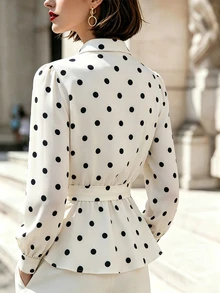 SHEIN LUNE Women's White And Black Polka Dot Long Sleeve Stand Collar Tie Waist Slim Fit Blouse, Elegant French Vintage Casual Top Teachers' Day Office Brunch - White - View 2