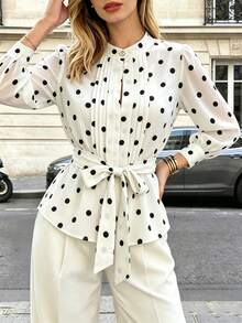 SHEIN LUNE Women's White And Black Polka Dot Long Sleeve Stand Collar Tie Waist Slim Fit Blouse, Elegant French Vintage Casual Top Teachers' Day Office Brunch - White - View 1