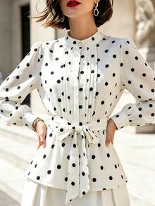 SHEIN LUNE Women's White And Black Polka Dot Long Sleeve Stand Collar Tie Waist Slim Fit Blouse, Elegant French Vintage Casual Top Teachers' Day Office Brunch - White - View 7