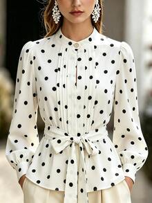 SHEIN LUNE Women's White And Black Polka Dot Long Sleeve Stand Collar Tie Waist Slim Fit Blouse, Elegant French Vintage Casual Top Teachers' Day Office Brunch - White - View 4