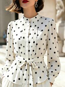 SHEIN LUNE Women's White And Black Polka Dot Long Sleeve Stand Collar Tie Waist Slim Fit Blouse, Elegant French Vintage Casual Top Teachers' Day Office Brunch - White - View 6