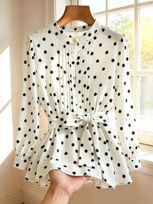 SHEIN LUNE Women's White And Black Polka Dot Long Sleeve Stand Collar Tie Waist Slim Fit Blouse, Elegant French Vintage Casual Top Teachers' Day Office Brunch - White - View 3