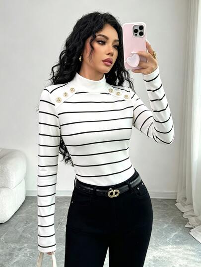 SHEIN Clasi Camiseta de manga larga a rayas negras y blancas, cuello semi alto, ajuste ceñido y elástica, estilo casual elegante para mujer, top básico para oficina, otoño invierno