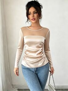Selianne Contrast Mesh Ruched Satin Tee - Apricot - View 4