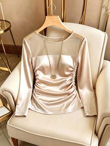 Selianne Contrast Mesh Ruched Satin Tee - Apricot - View 5