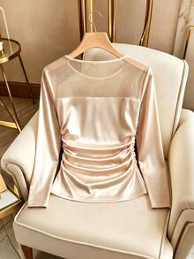 Selianne Contrast Mesh Ruched Satin Tee - Apricot - View 2