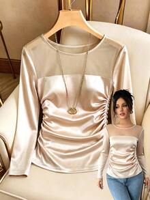Selianne Contrast Mesh Ruched Satin Tee - Apricot - View 3