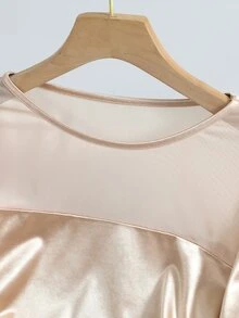 Selianne Contrast Mesh Ruched Satin Tee - Apricot - View 6
