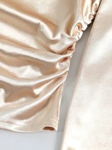 Selianne Contrast Mesh Ruched Satin Tee - Apricot - View 7
